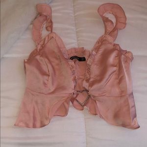 Light pink satin crop tank with silver heart ring